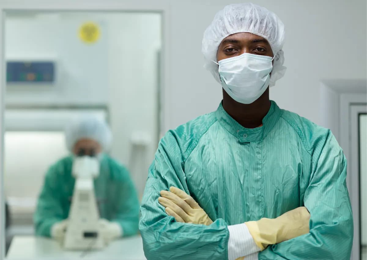 Opérateur en tenue de production stérile dans un atelier pharmaceutique